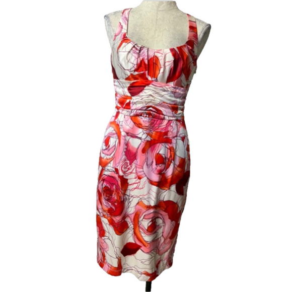 David Meister Dress Red Pink Ivory 8 Stretch Silk Floral Sheath - Picture 1 of 10